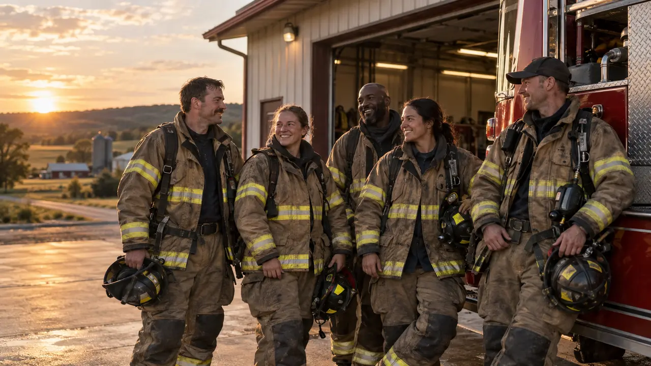 Demonstration image of volunteer firefighters outside a rural station